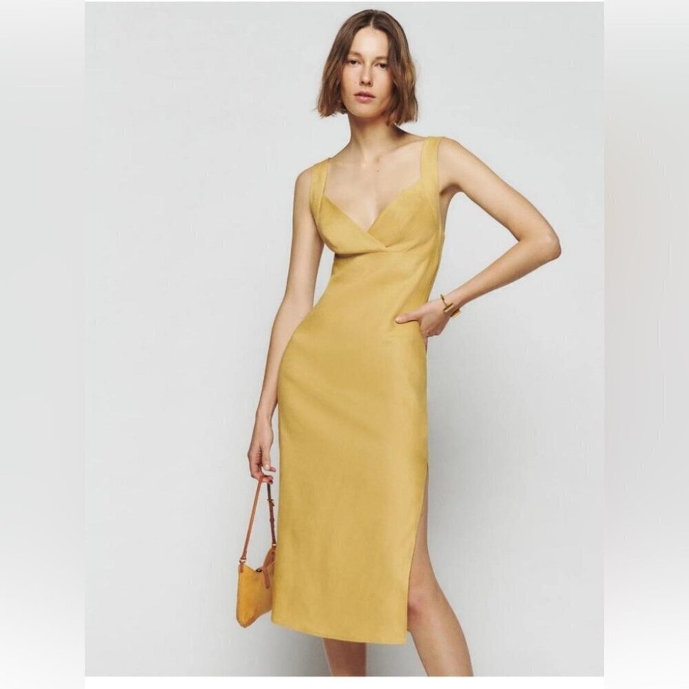 Reformation Allira Linen Midi Dress | Mustard V-Neck Tent, XS